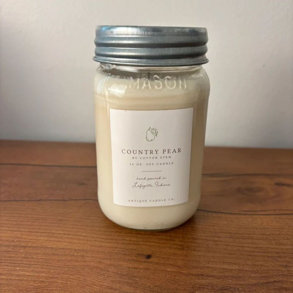 Antique Candle Co Country Pear Cotton Stem 16 oz Soy Candle Mason Jar Used